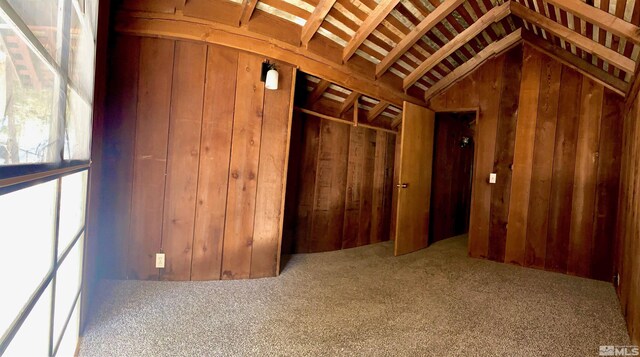 712 Lakeview Dr, Zephyr Cove, NV 89448 - mudroom featuring wood walls, lofted ceiling, and carpet flooring