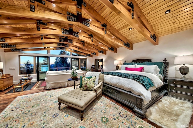 bedroom featuring wood finished floors, wood ceiling, and track lighting