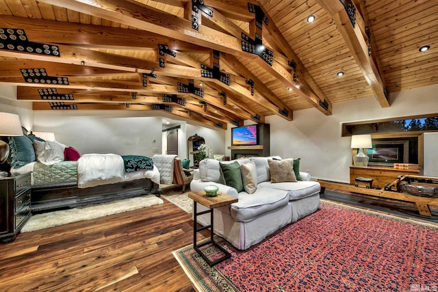 living room with hardwood / wood-style floors and wood ceiling