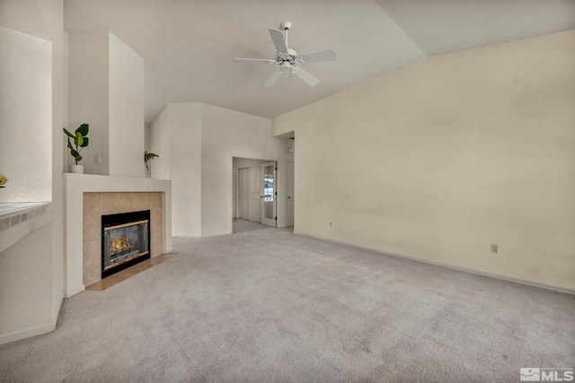 1675 Crestside Ct, Sparks, NV 89436 - unfurnished living room featuring lofted ceiling, light colored carpet, a fireplace, a ceiling fan, and baseboards