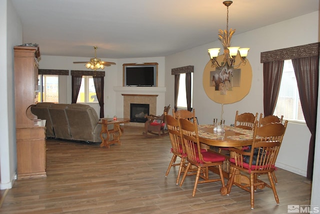 1075 Aster Ln, Fernley, NV 89408 - dining room featuring a fireplace, wood finished floors, a chandelier, and a ceiling fan