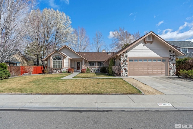 1673 Lantana Dr, Minden, NV 89423 - ranch-style home with a garage, stone siding, driveway, and a chimney