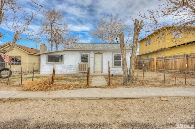 742 D St, Hawthorne, NV 89415 - view of front of property with a chimney, stucco siding, a fenced front yard, and roof with shingles