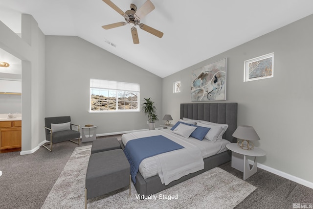 2130 Canyon Mesa Ct, Reno, NV 89523 - bedroom with vaulted ceiling, carpet flooring, baseboards, and ceiling fan