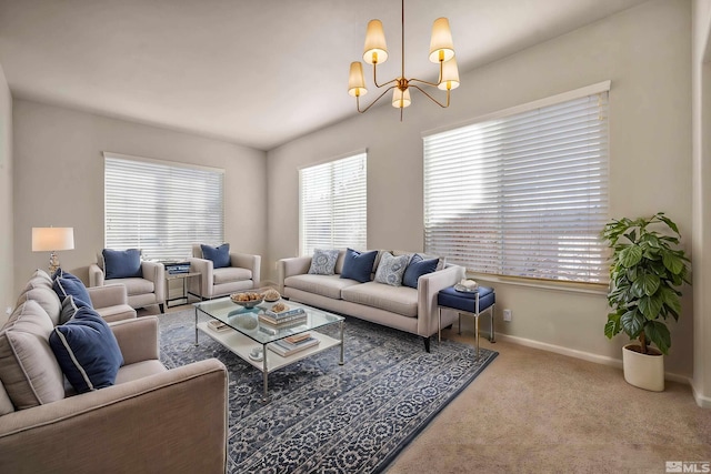 10055 Zephyr Heights Dr, Reno, NV 89521 - carpeted living area with a chandelier and baseboards