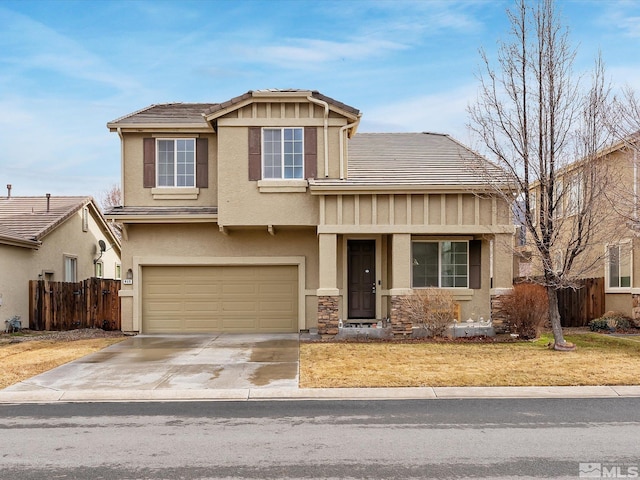915 Lakeview Dr, Dayton, NV 89403 - craftsman-style home featuring a garage, driveway, stucco siding, and a tile roof