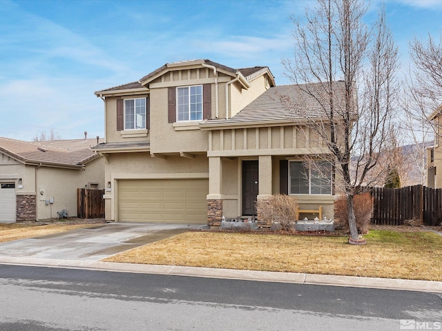 915 Lakeview Dr, Dayton, NV 89403 - craftsman-style home featuring fence, stucco siding, a garage, driveway, and a tile roof