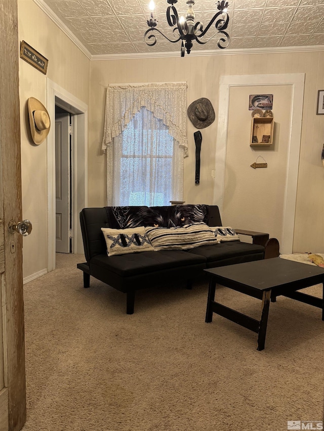 85 S Main, Paradise Valley, NV 89426 - carpeted living room featuring an ornate ceiling, ornamental molding, a chandelier, and wooden walls