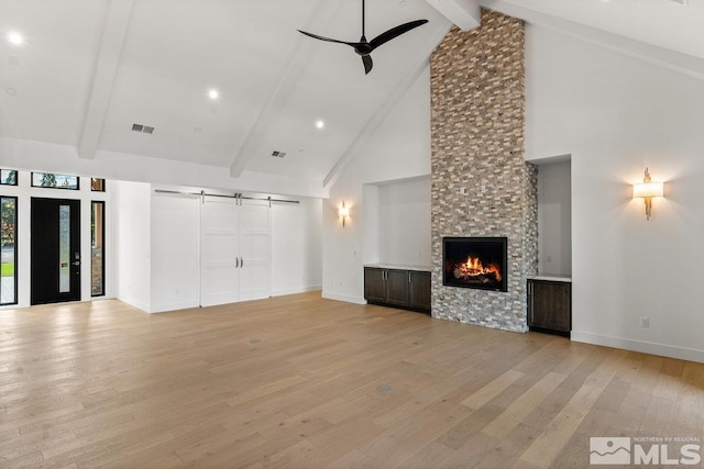 4090 Goodsell Ln, Reno, NV 89523 - unfurnished living room featuring beam ceiling, high vaulted ceiling, light wood finished floors, a fireplace, and ceiling fan