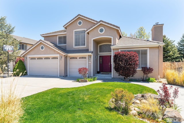 6540 Monticello Ct, Reno, NV 89519 - traditional-style house featuring concrete driveway, a chimney, stucco siding, and a tile roof