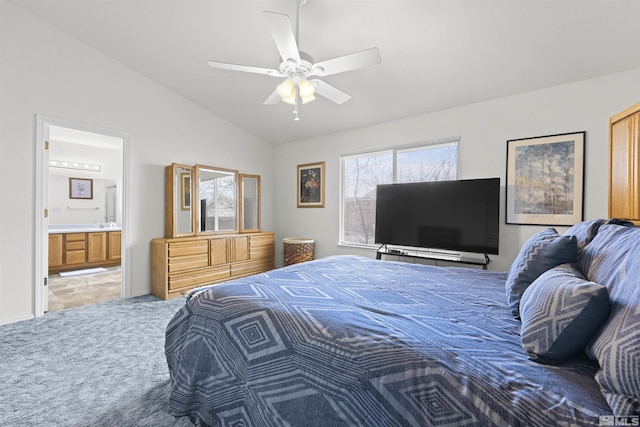 1018 Ringneck, Sparks, NV 89441 - bedroom featuring vaulted ceiling, light colored carpet, multiple windows, connected bathroom, and ceiling fan