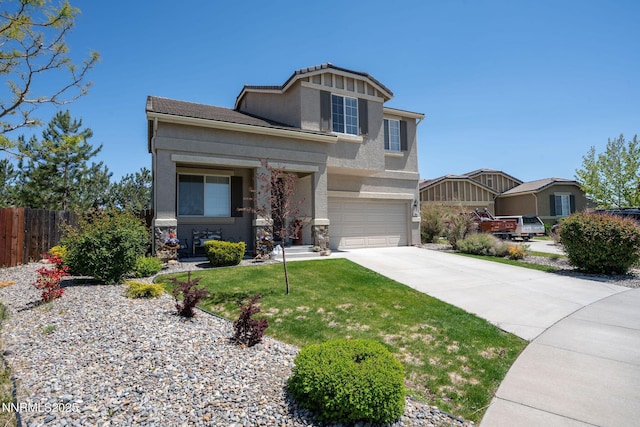 385 Mustengo Ct, Reno, NV 89506 - craftsman-style home with an attached garage, concrete driveway, stone siding, and stucco siding