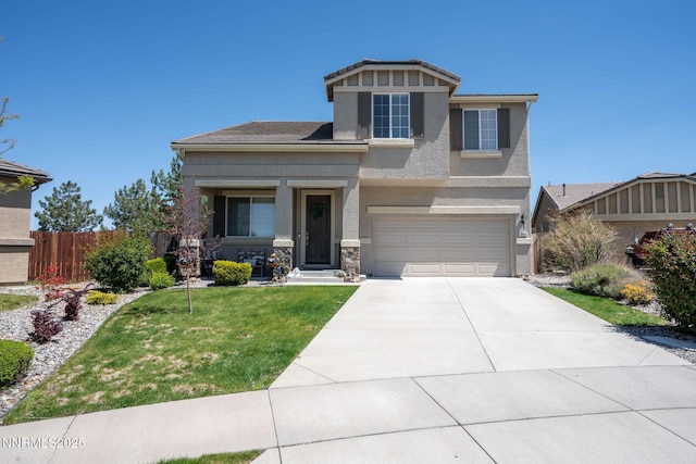 385 Mustengo Ct, Reno, NV 89506 - craftsman house featuring stucco siding, an attached garage, driveway, and stone siding