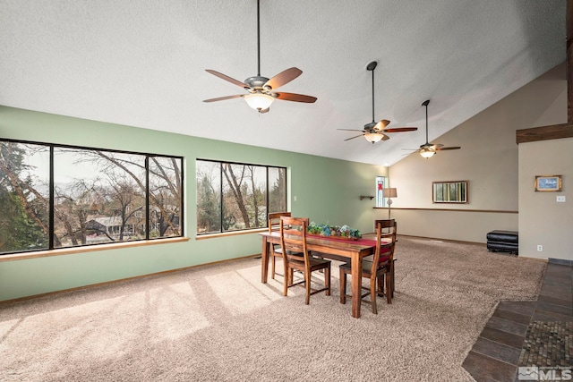 12880 Roseview Ln, Reno, NV 89511 - dining area featuring carpet, ceiling fan, high vaulted ceiling, a textured ceiling, and baseboards