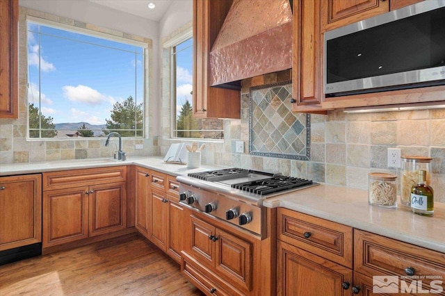 1005 Desert Jewel Ct, Reno, NV 89511 - kitchen featuring appliances with stainless steel finishes, premium range hood, brown cabinets, and light countertops