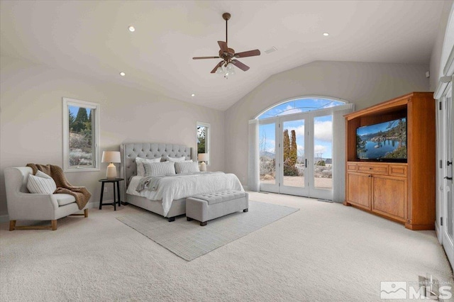 1005 Desert Jewel Ct, Reno, NV 89511 - bedroom with access to exterior, light colored carpet, vaulted ceiling, french doors, and a ceiling fan