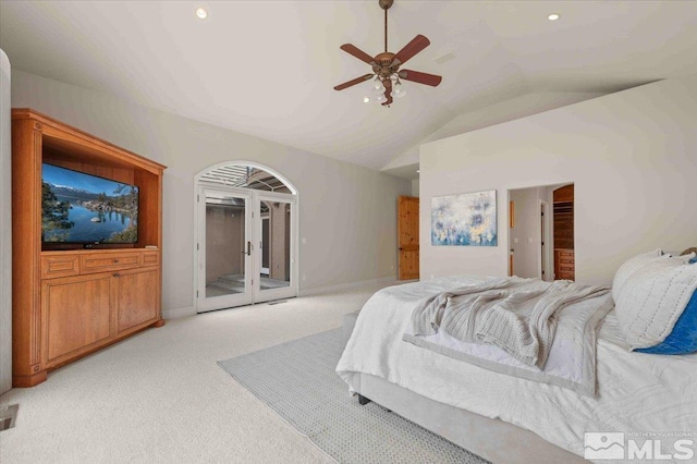 1005 Desert Jewel Ct, Reno, NV 89511 - bedroom with access to exterior, vaulted ceiling, light carpet, recessed lighting, and a ceiling fan