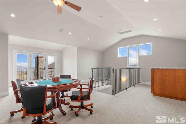 1005 Desert Jewel Ct, Reno, NV 89511 - dining space with lofted ceiling, light carpet, recessed lighting, a ceiling fan, and baseboards