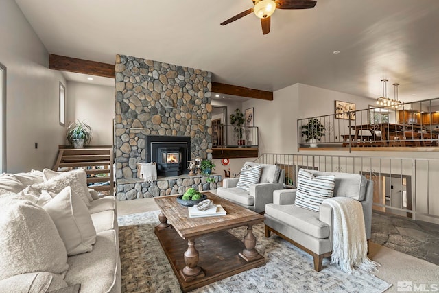 4840 Keshmiri Pl, Reno, NV 89519 - carpeted living area featuring ceiling fan, a stone fireplace, beam ceiling, a chandelier, and recessed lighting