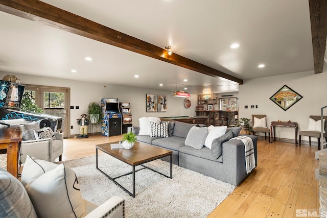 4840 Keshmiri Pl, Reno, NV 89519 - living room featuring beam ceiling, recessed lighting, light wood-type flooring, and bar