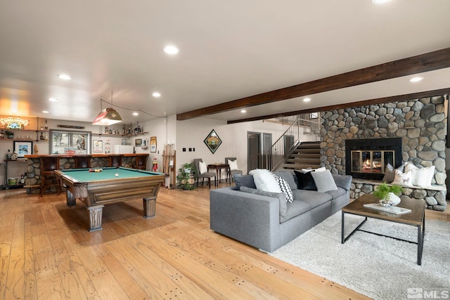 4840 Keshmiri Pl, Reno, NV 89519 - recreation room with a bar, light wood finished floors, recessed lighting, pool table, and beamed ceiling