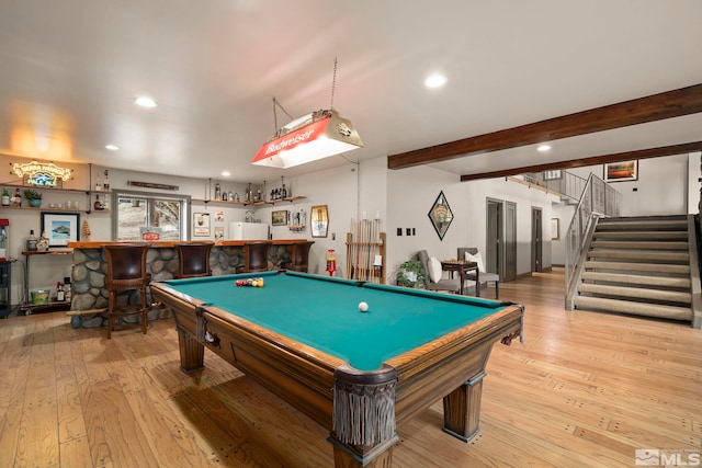 4840 Keshmiri Pl, Reno, NV 89519 - playroom with bar, hardwood / wood-style flooring, billiards, recessed lighting, and beamed ceiling