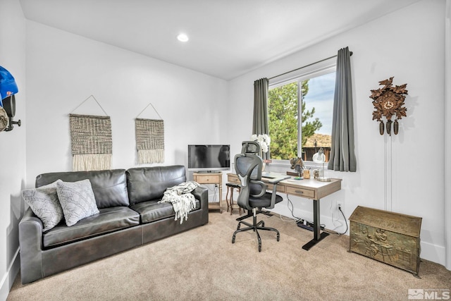 carpeted office space featuring baseboards and recessed lighting