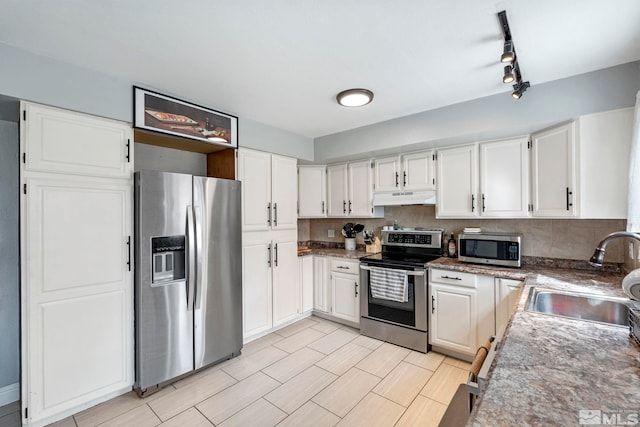 11 E P St, Sparks, NV 89431 - kitchen with appliances with stainless steel finishes, a sink, under cabinet range hood, and backsplash