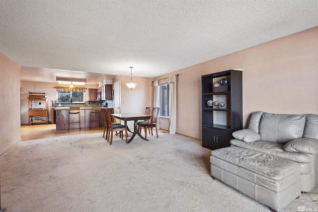 living area featuring light colored carpet and a textured ceiling