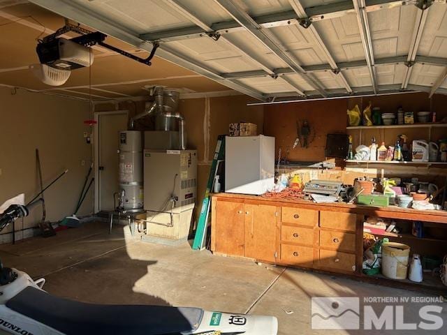 garage with secured water heater, a garage door opener, and heating unit