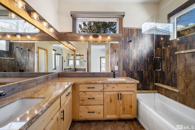 159 River Flow Dr, Reno, NV 89523 - full bathroom featuring an enclosed shower, double vanity, and wood finished floors