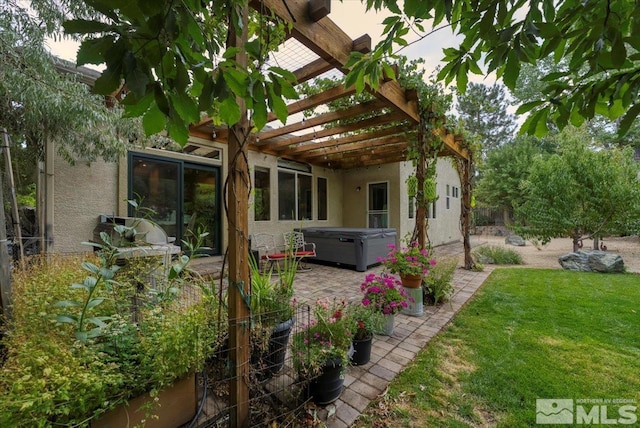 159 River Flow Dr, Reno, NV 89523 - rear view of house featuring a hot tub, a lawn, a pergola, a patio, and stucco siding