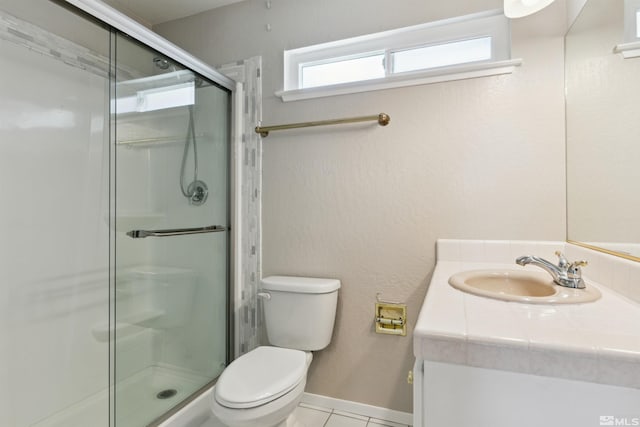 1599 Lucerne, Minden, NV 89423 - bathroom featuring a shower stall, toilet, vanity, and tile patterned floors