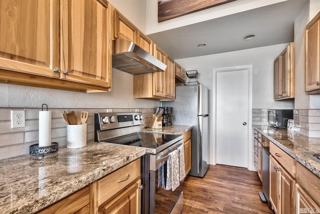 245 Tramway Dr, Stateline, NV 89449 - kitchen with stainless steel appliances, wall chimney exhaust hood, tasteful backsplash, dark wood-type flooring, and stone counters