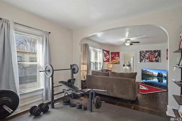 529 11th St, Sparks, NV 89431 - workout area featuring arched walkways, a ceiling fan, and baseboards