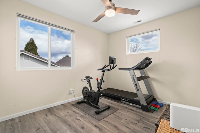 5895 Tappan Dr, Reno, NV 89523 - exercise room with wood finished floors, a ceiling fan, and baseboards