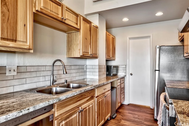 243 Tramway Dr, Stateline, NV 89449 - kitchen with a sink, stainless steel dishwasher, backsplash, dark wood-type flooring, and black microwave
