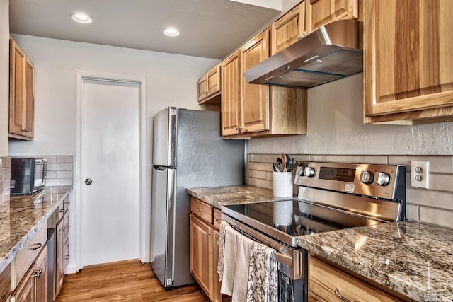 243 Tramway Dr, Stateline, NV 89449 - kitchen featuring electric stove, wall chimney exhaust hood, backsplash, light wood finished floors, and stone counters