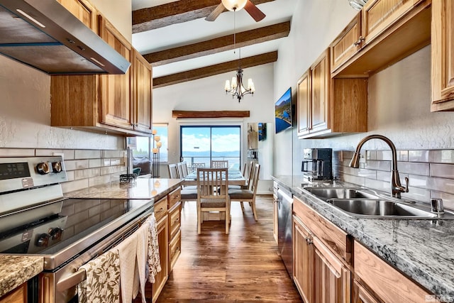 243 Tramway Dr, Stateline, NV 89449 - kitchen featuring appliances with stainless steel finishes, wall chimney range hood, a sink, dark wood finished floors, and decorative backsplash