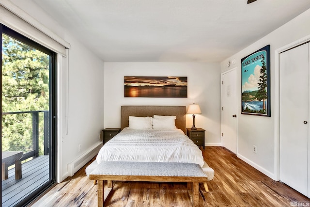 243 Tramway Dr, Stateline, NV 89449 - bedroom featuring access to outside, wood finished floors, baseboards, and baseboard heating