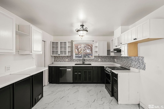 kitchen with open shelves, a sink, dishwashing machine, under cabinet range hood, and black range with electric stovetop