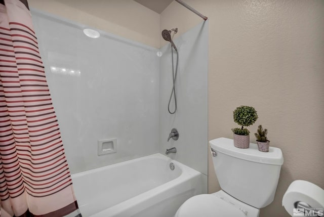 2861 Sunline Dr, Reno, NV 89523 - bathroom featuring toilet, shower / bathtub combination with curtain, and a textured wall