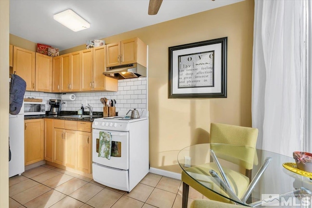 280 Island Ave Unit 607, Reno, NV 89501 - kitchen featuring under cabinet range hood, white appliances, tasteful backsplash, light brown cabinets, and light tile patterned floors