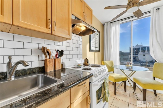280 Island Ave Unit 607, Reno, NV 89501 - kitchen with white range with electric stovetop, a sink, under cabinet range hood, light tile patterned floors, and a ceiling fan