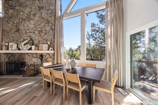 3055 US Highway 395, Washoe Valley, NV 89704 - dining room featuring wood finished floors, a stone fireplace, and plenty of natural light