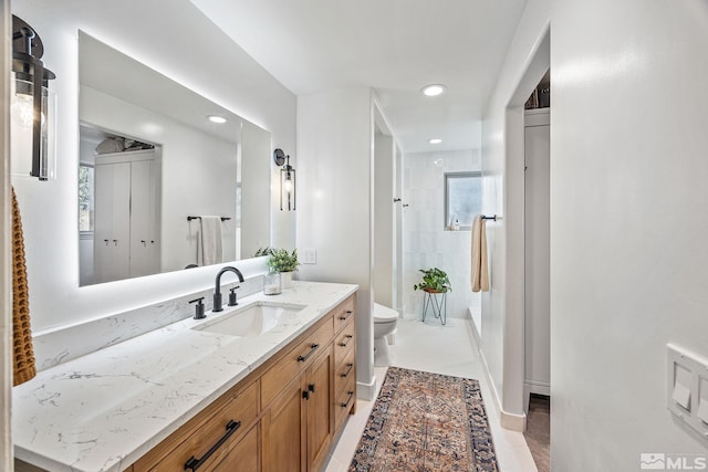 3055 US Highway 395, Washoe Valley, NV 89704 - bathroom with a shower, toilet, vanity, recessed lighting, and tile patterned floors