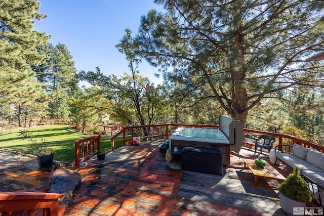 3055 US Highway 395, Washoe Valley, NV 89704 - wooden terrace with outdoor lounge area, a hot tub, and a lawn