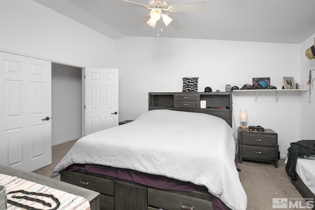 756 Megan Way, Fallon, NV 89406 - bedroom featuring light carpet, vaulted ceiling, baseboards, and a ceiling fan