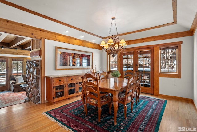 929 Northwood Unit 68, Incline Village, NV 89451 - dining room featuring a chandelier, light wood finished floors, recessed lighting, baseboards, and a raised ceiling