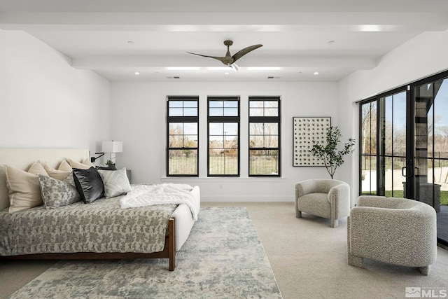4060 Goodsell Ln, Reno, NV 89523 - carpeted bedroom featuring beamed ceiling, recessed lighting, access to outside, baseboards, and a ceiling fan
